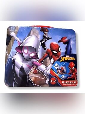 Marvel Spiderman Spider Verse Tin Lunch Box with 48pcs Puzzle New Sealed
